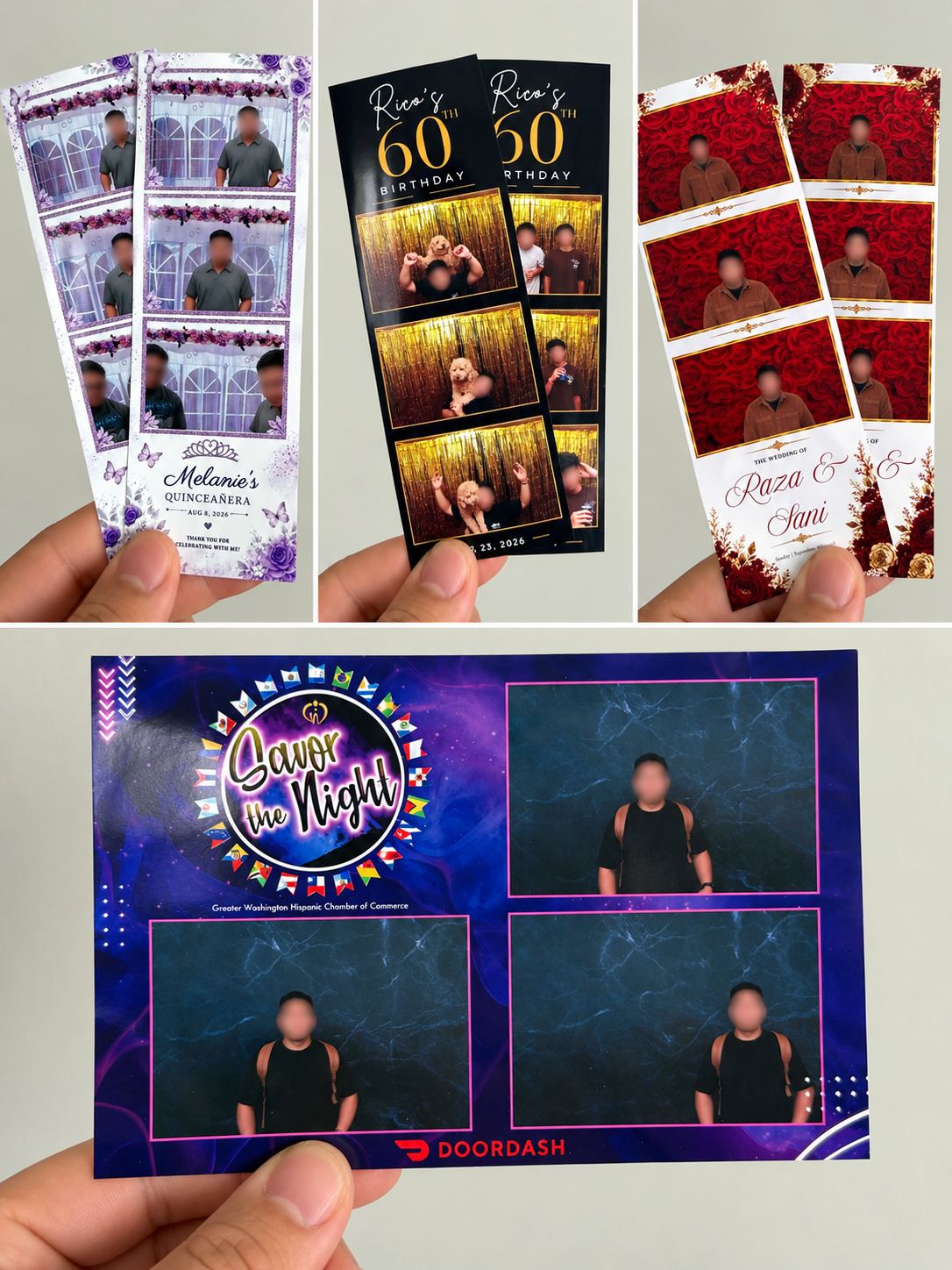 Four examples of printed photo strips and a four-photo card: a quinceañera in purple, a 60th birthday in black and gold, a wedding in red roses and a corporate card